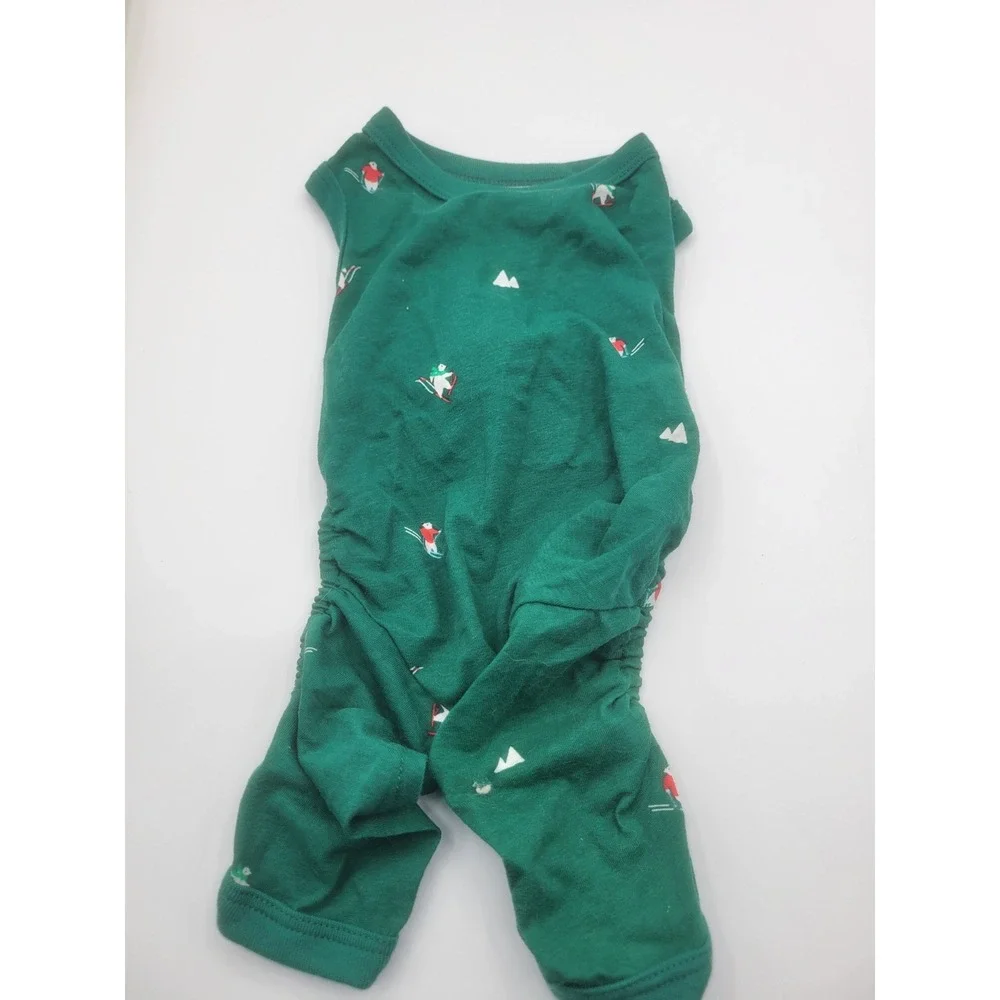 Green Dog Pajamas Small Skiing Polar Bear Winter Holiday Cotton Pet apparel